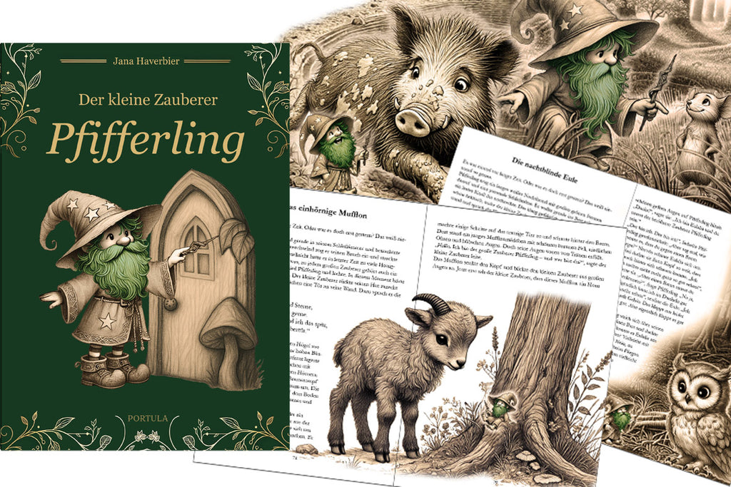Blick in das Kinderbuch Der kleine Zauberer Pfifferling mit Illustrationen von Wildschwein, Maus, Eule und Mufflon.