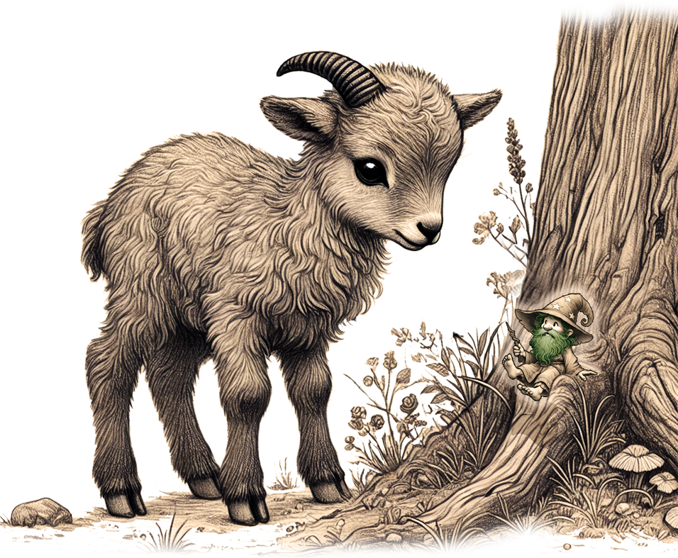 Das einhörnige Mufflon aus dem Kinderbuch Der kleine Zauberer Pfifferling lernt vom kleinen Zauberer Pfifferling, dass es eigentlich ein Einhorn ist.