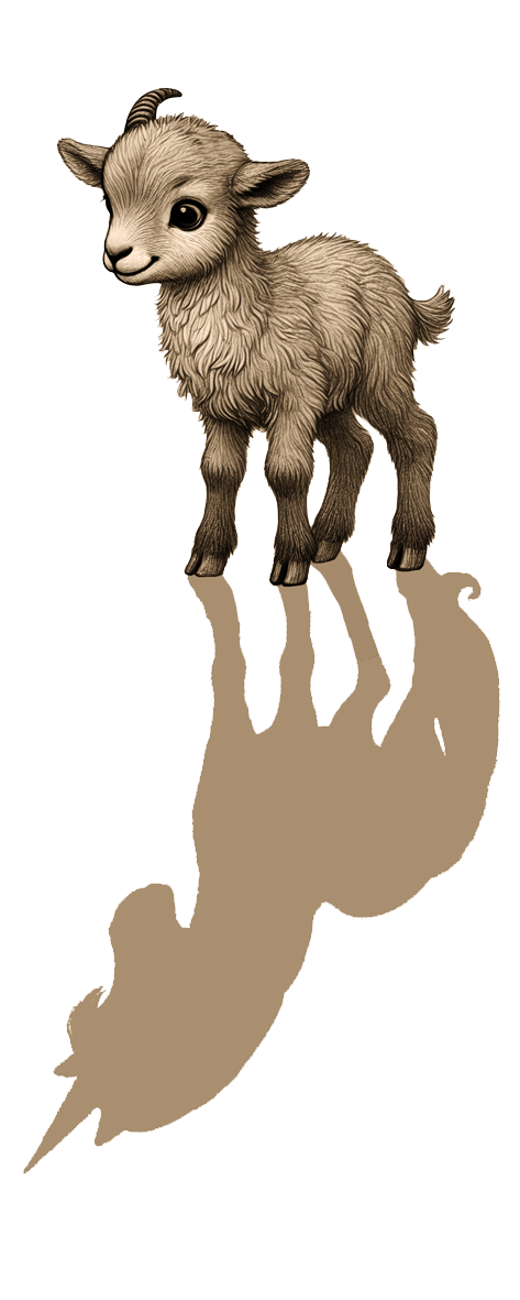 Illustration des einhörnigen Mufflons aus dem Kinderbuch Der kleine Zauberer Pfifferling mit Einhorn-Schatten.