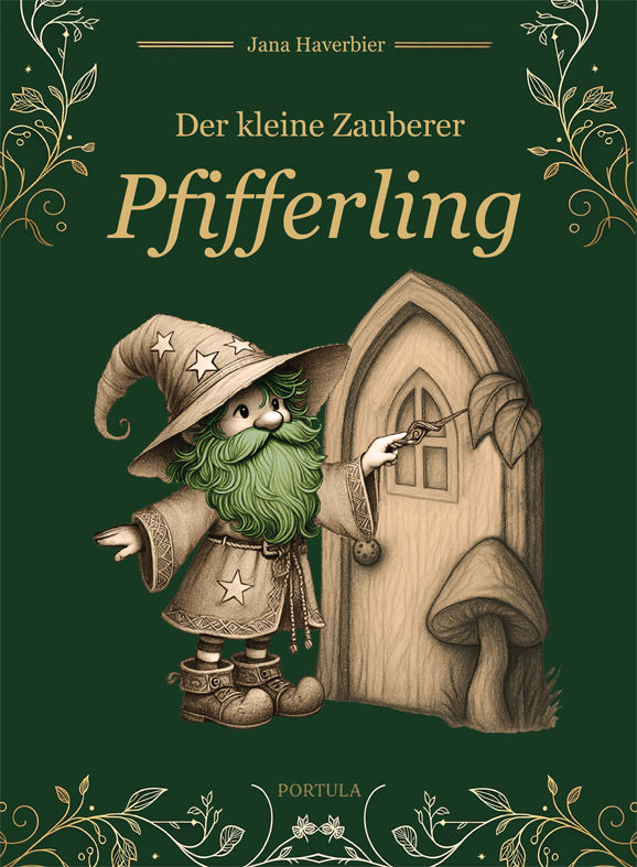 Titelblatt des Kinderbuchs Der kleine Zauberer Pfifferling mit einer Illustration des kleinen Zauberers und einer Zaubertür.